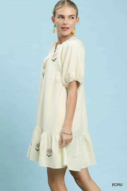 Ecru Umgee embroidered floral babydoll dress with delicate floral embroidery and flowy silhouette, perfect for casual or dressy occasions.