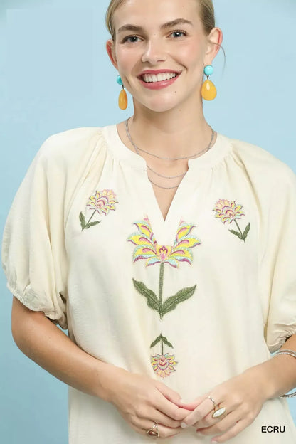 Ecru Umgee embroidered floral babydoll dress with delicate floral embroidery and flowy silhouette, perfect for casual wear.