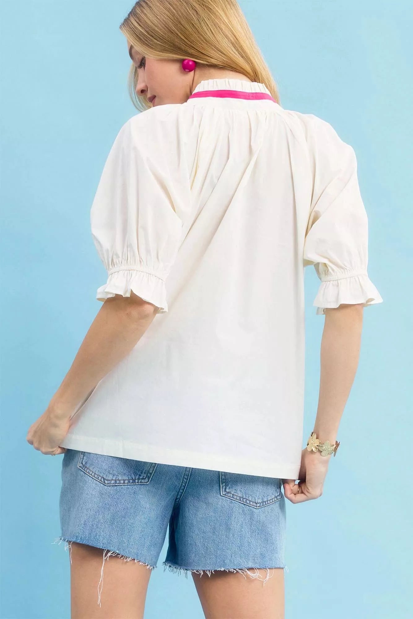 Ecru Umgee embroidered floral top with contrast trim, featuring intricate floral embroidery and stylish design.