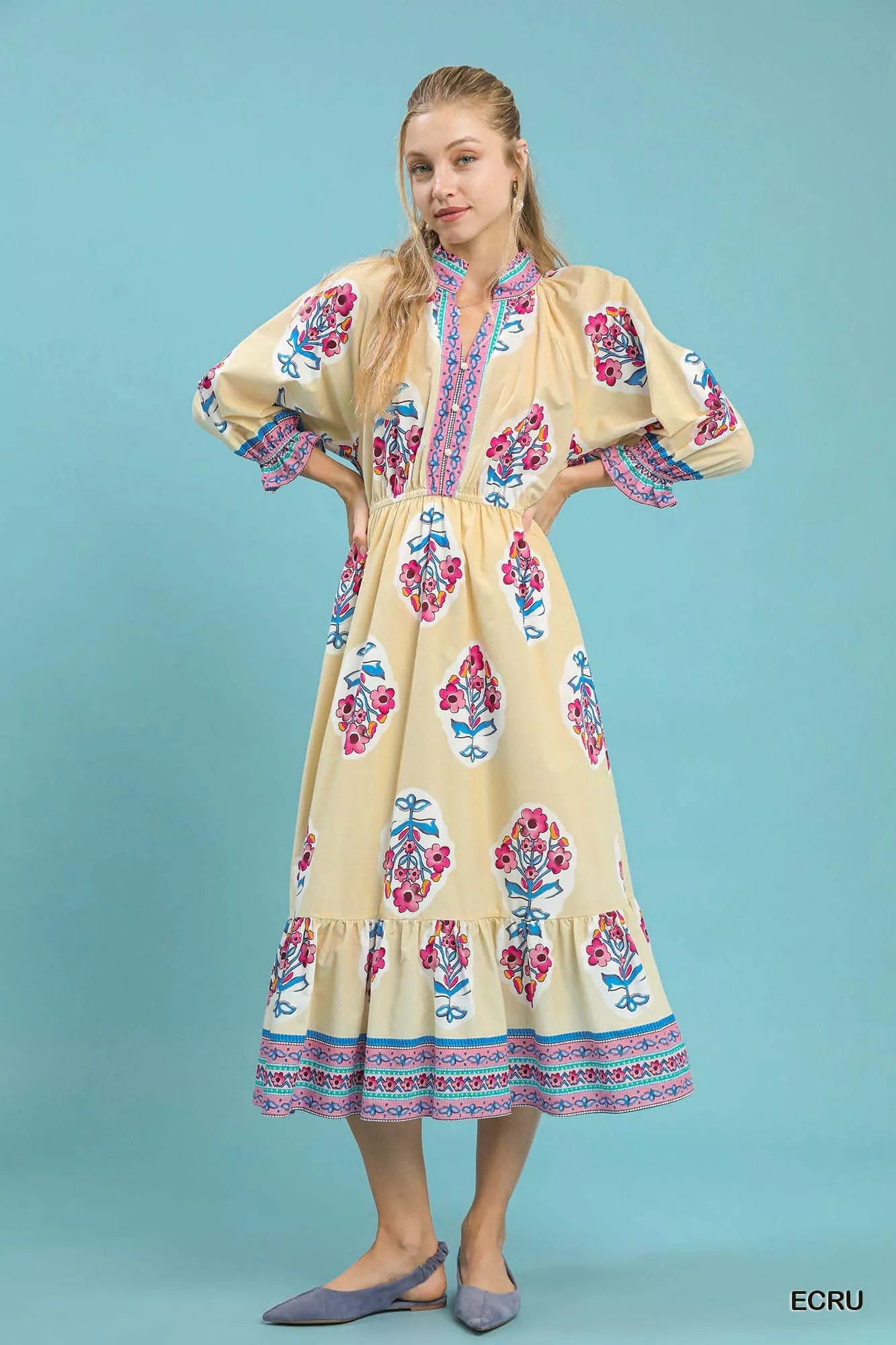Ecru Umgee Flower Patch Border Print Midi Dress by Trendsi, featuring floral details and a flowing silhouette.