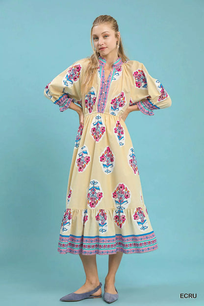 Ecru Umgee Flower Patch Border Print Midi Dress by Trendsi, featuring floral details and a flowing silhouette.