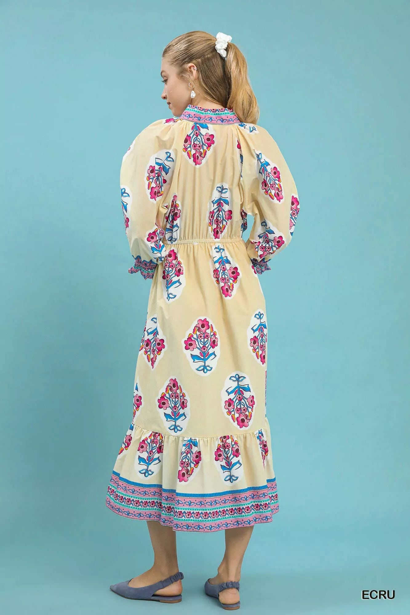 Ecru Umgee midi dress by Trendsi featuring floral patch border print, sleeveless design, and flowing fabric.