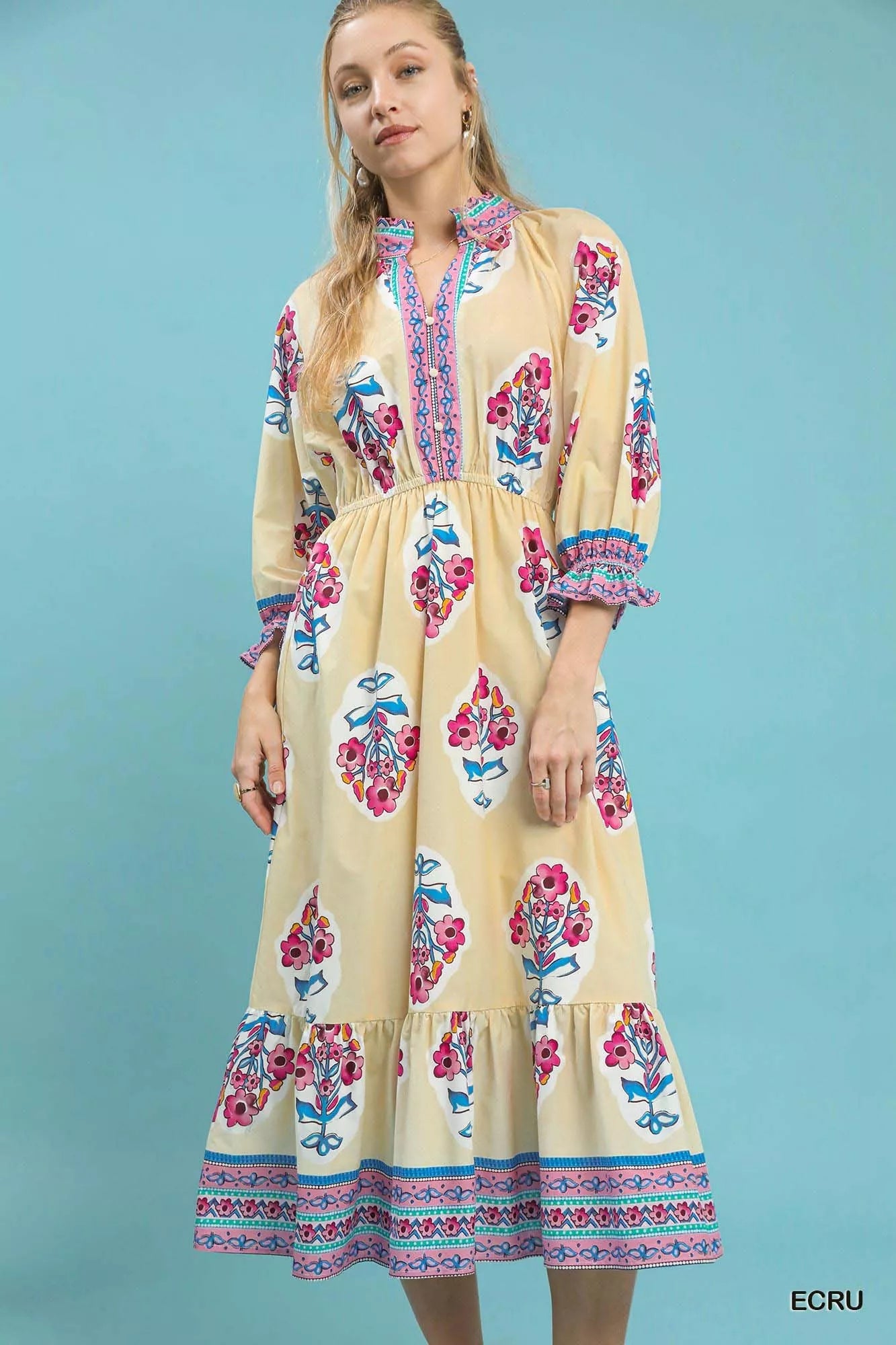 Ecru Umgee floral patch border print midi dress by Trendsi, featuring a flowy silhouette and feminine floral details.