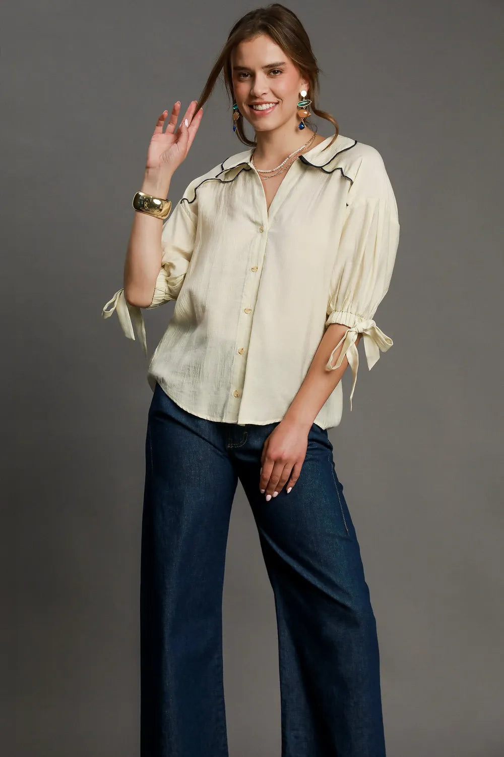 Ecru plus size embroidered detail button-down shirt by Umgee, featuring intricate embroidery and a classic collar.