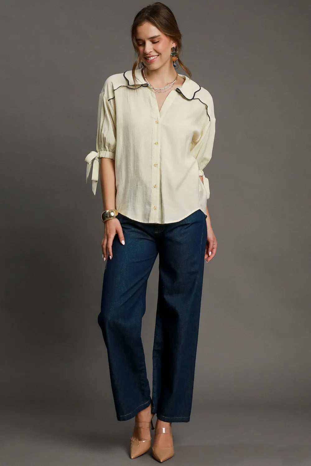 Plus size Umgee embroidered detail button-down shirt in ecru, featuring intricate embroidery and a classic fit.