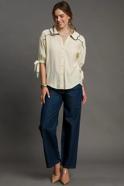 Plus size Umgee embroidered detail button-down shirt in ecru, featuring intricate embroidery and a classic fit.