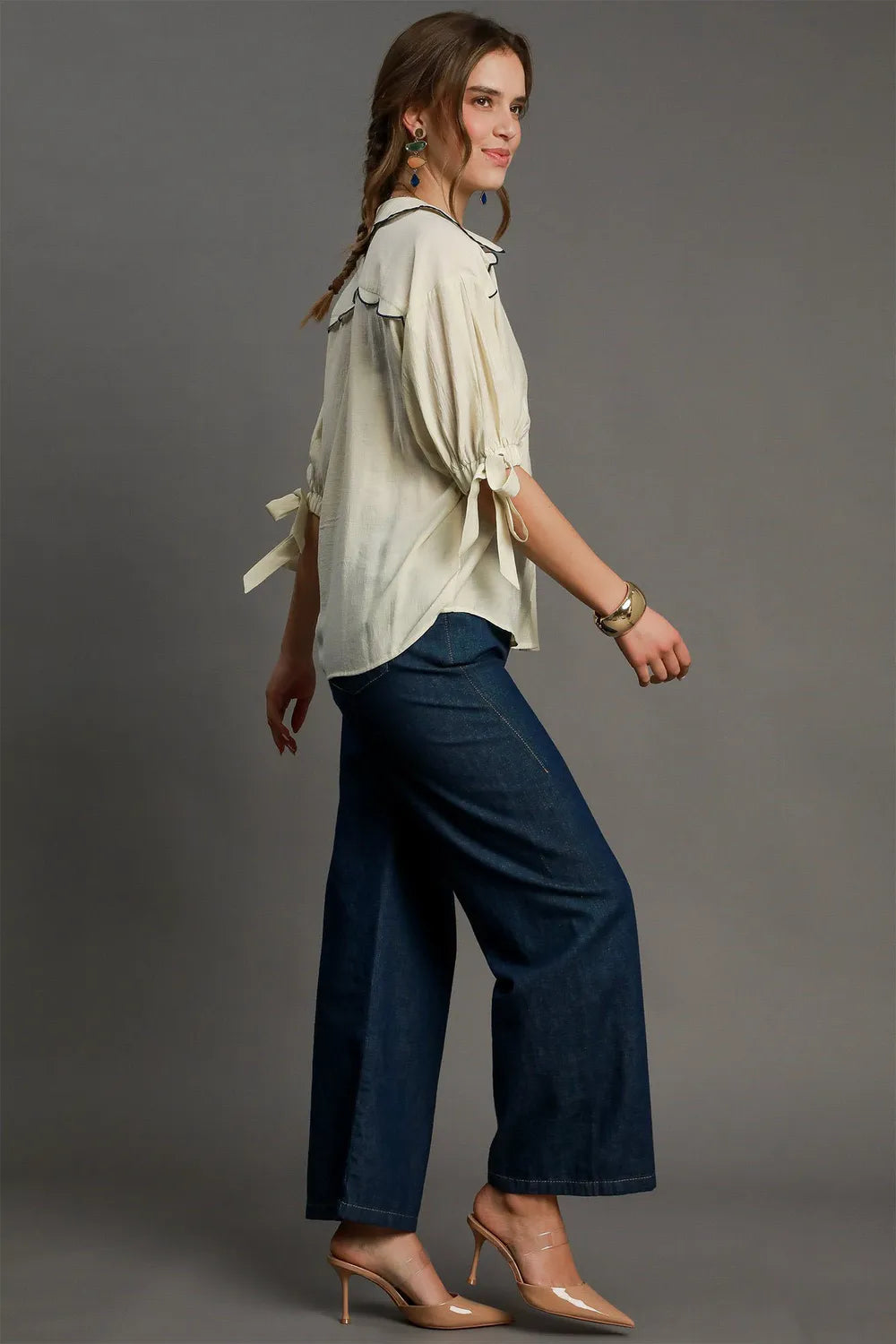 Plus size Umgee embroidered detail button-down shirt in ecru, showcasing intricate embroidery and classic style.
