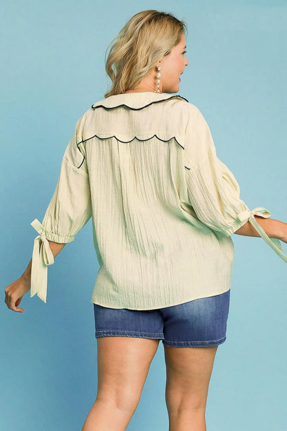 Plus size Umgee embroidered button-down shirt in ecru with detailed embroidery, featuring a classic fit and stylish design.