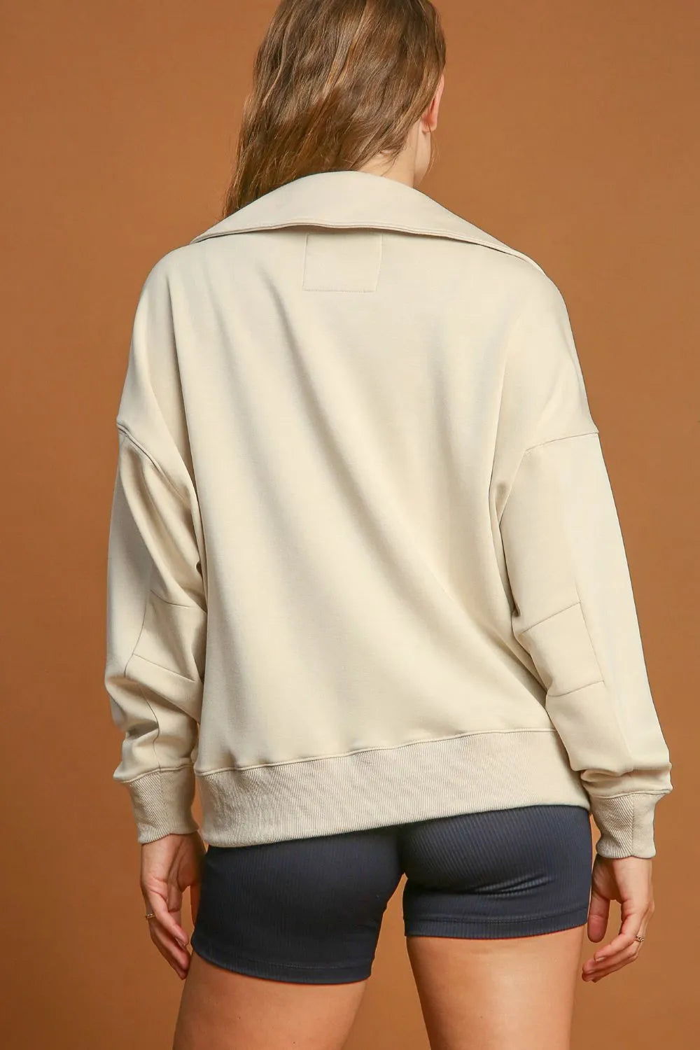 Ecru Umgee Johnny collar dropped shoulder sweatshirt with relaxed fit and casual style, featuring a classic crewneck and long sleeves.