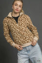 Ecru leopard print quarter-zip sweatshirt by Umgee, casual style, shown with collar and zipper detail.