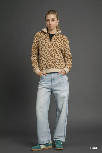 Ecru leopard print Umgee quarter-zip sweatshirt by Trendsi, featuring a stylish collar and comfortable fit.