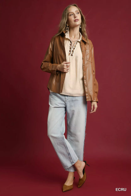 Ecru long sleeve blouse by Umgee with leopard print trim, featuring a stylish and comfortable fit.