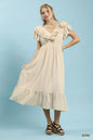 Ecru Umgee textured ruffle midi dress with flowing fabric and layered ruffle details, styled for a casual or semi-formal look.