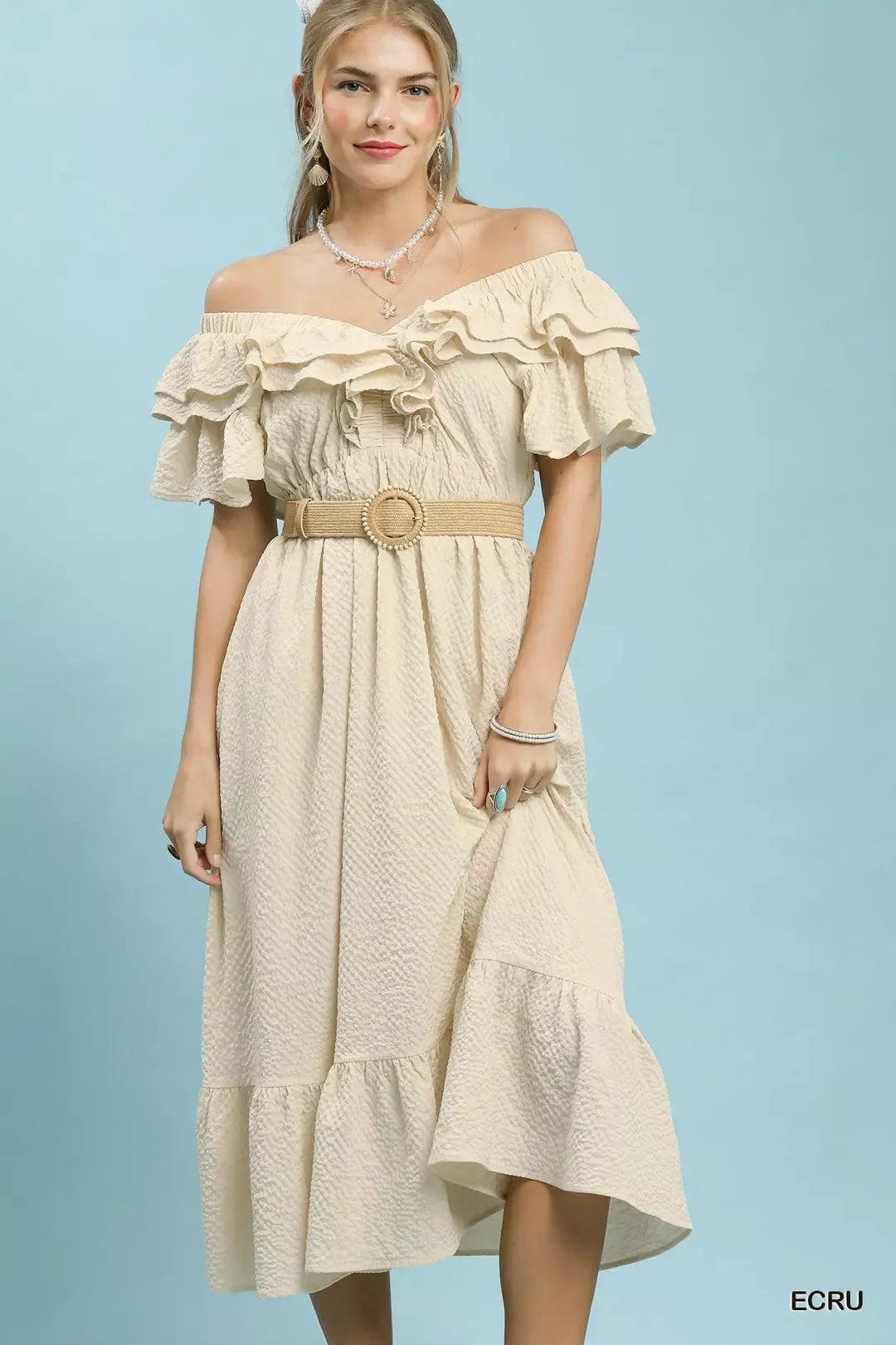 Ecru Umgee textured ruffle midi dress by Trendsi, featuring a fitted bodice, ruffled details, and flowing hem for a stylish look.