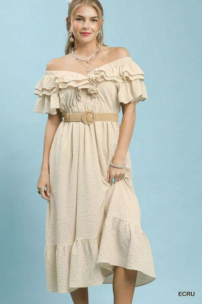 Ecru Umgee textured ruffle midi dress by Trendsi, featuring a fitted bodice, ruffled details, and flowing hem for a stylish look.