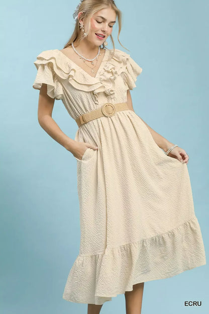 Ecru Umgee textured ruffle midi dress with layered ruffle details and flowing silhouette, perfect for casual or semi-formal wear.