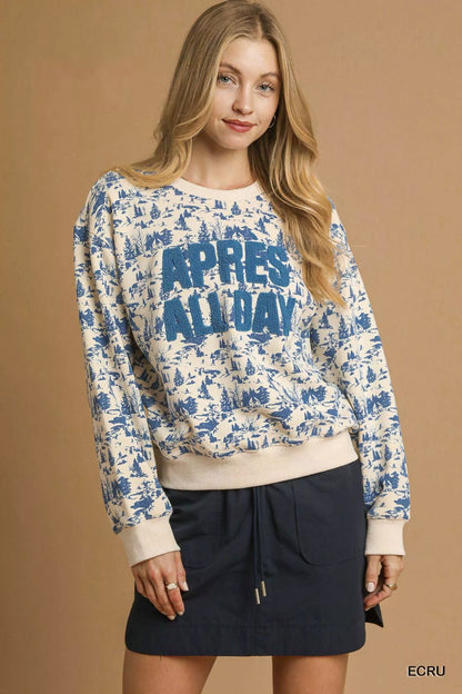 Ecru Umgee scenic print cropped sweatshirt by Trendsi, featuring a relaxed fit and artistic nature-inspired design.