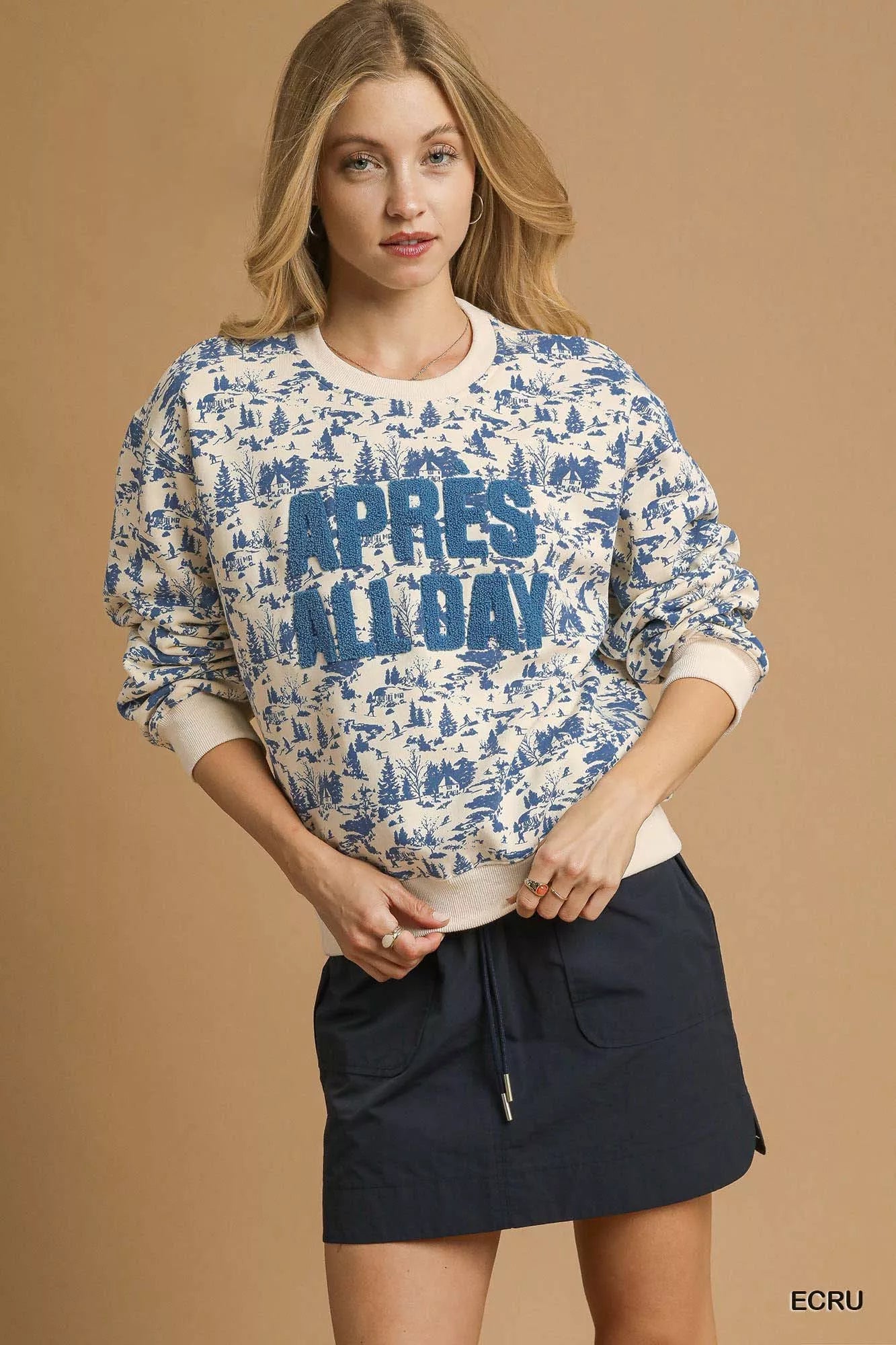 Ecru Umgee scenic print cropped sweatshirt with long sleeves and relaxed fit, casual style perfect for everyday wear.