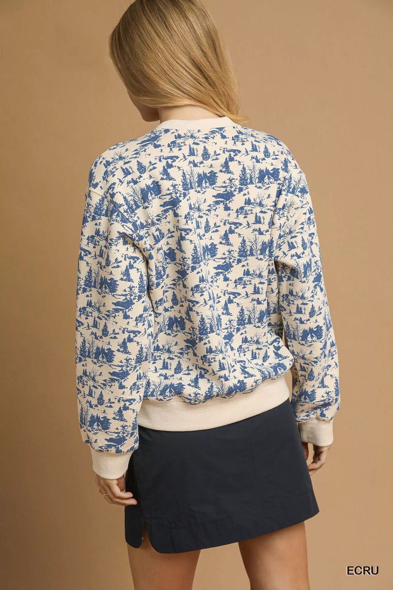 Ecru Umgee scenic print cropped sweatshirt by Trendsi, featuring a colorful nature-inspired design and relaxed fit.