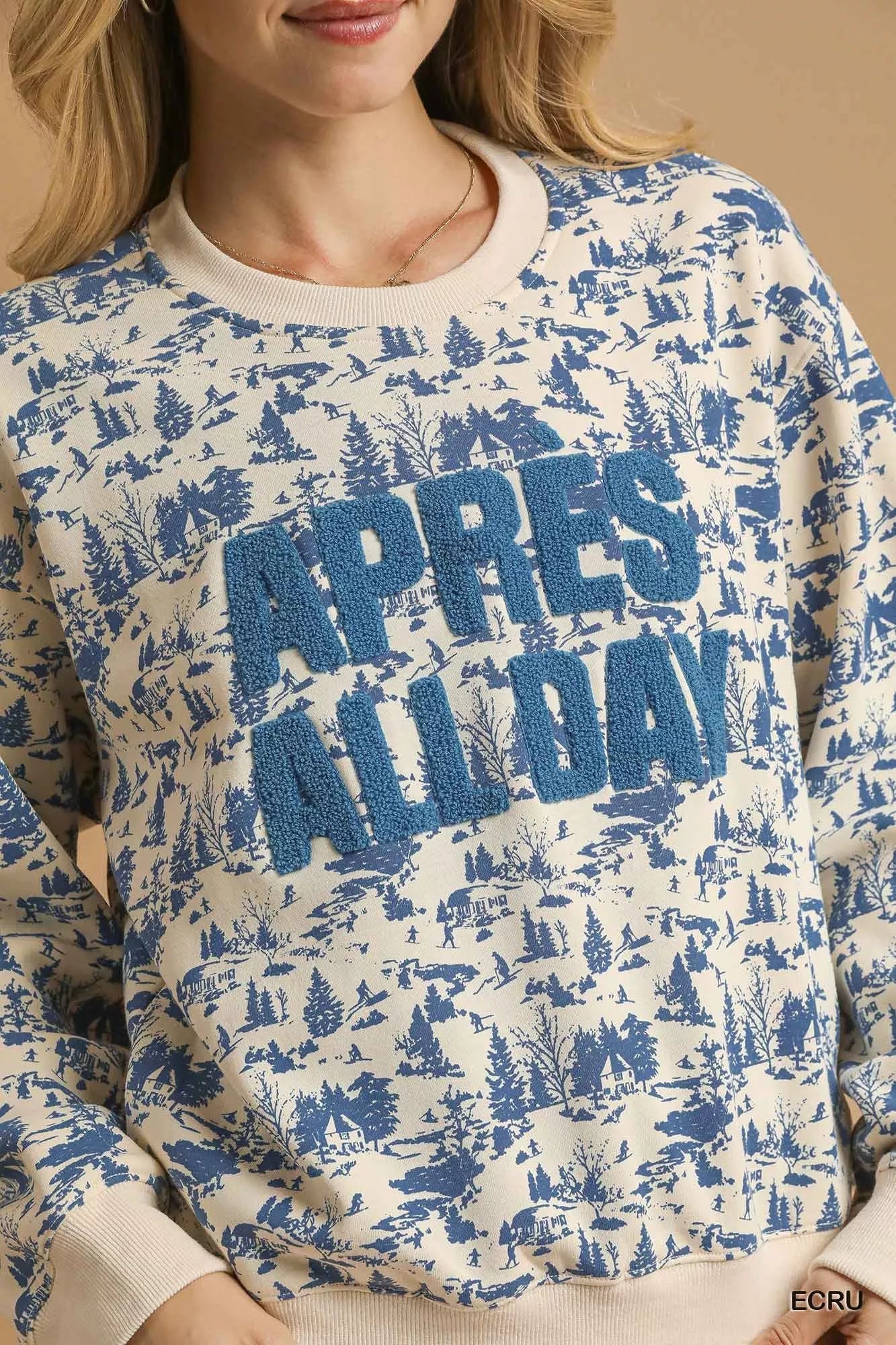 Ecru Umgee Scenic Print Cropped Sweatshirt with long sleeves and relaxed fit, featuring a scenic print design.