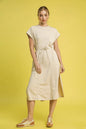 Ecru Umgee midi tee dress with short sleeves and side slit, casual and comfortable for everyday wear.