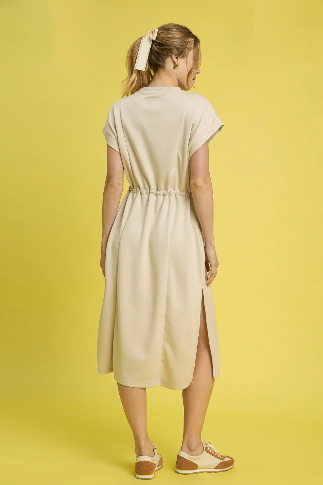 Ecru Umgee short sleeve midi tee dress with side slits, casual and comfortable fashion by Trendsi.