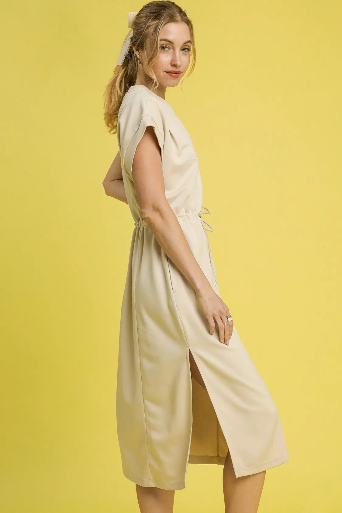 Ecru Umgee side slit short sleeve midi tee dress from Trendsi, casual and comfortable with a relaxed fit and stylish design.