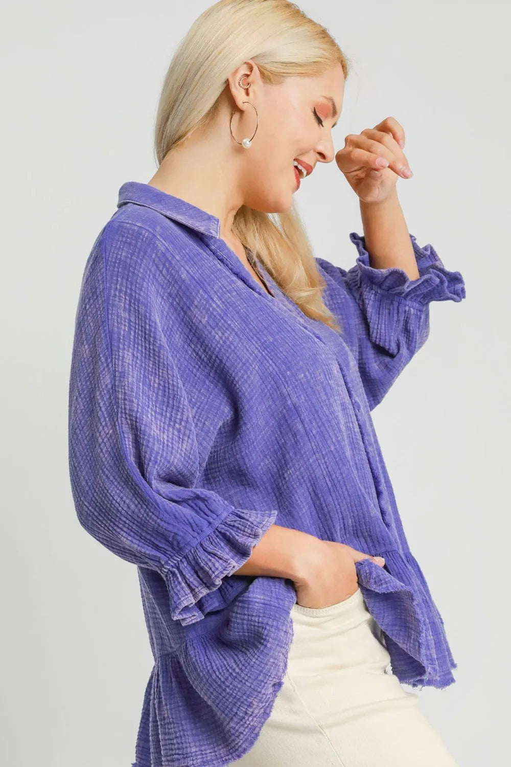 Plus size electric purple cotton gauze top by Umgee, mineral washed for a soft, relaxed look, shown in XL size.