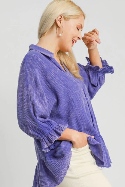 Plus size electric purple cotton gauze top by Umgee, mineral washed for a soft, relaxed look, shown in XL size.