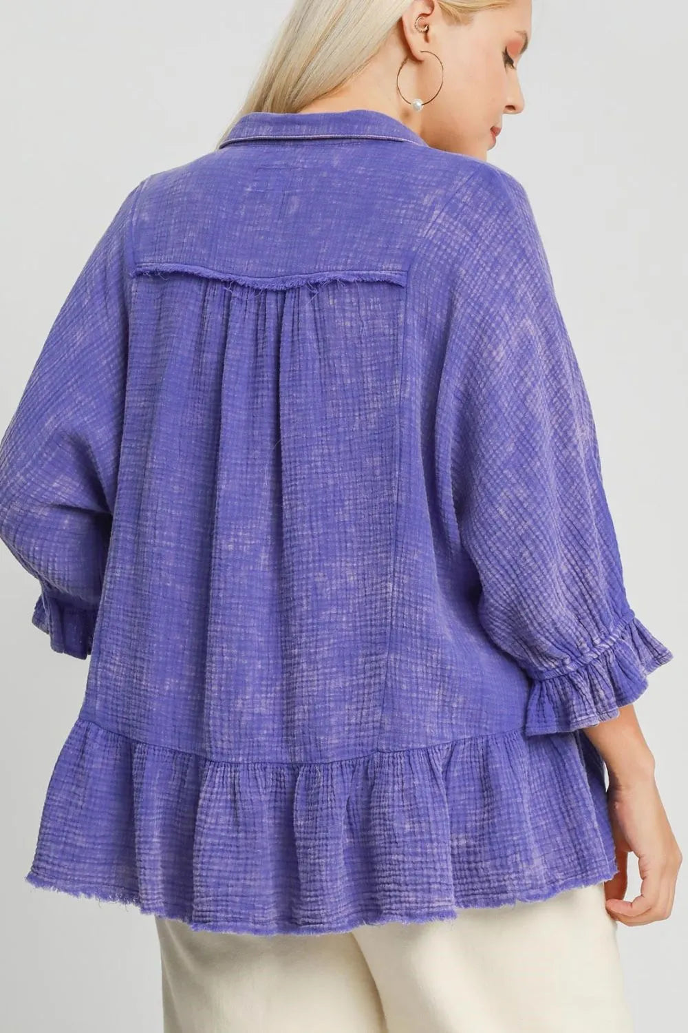 Electric purple plus size Umgee cotton gauze top with mineral wash, relaxed fit and lightweight, perfect for casual wear.
