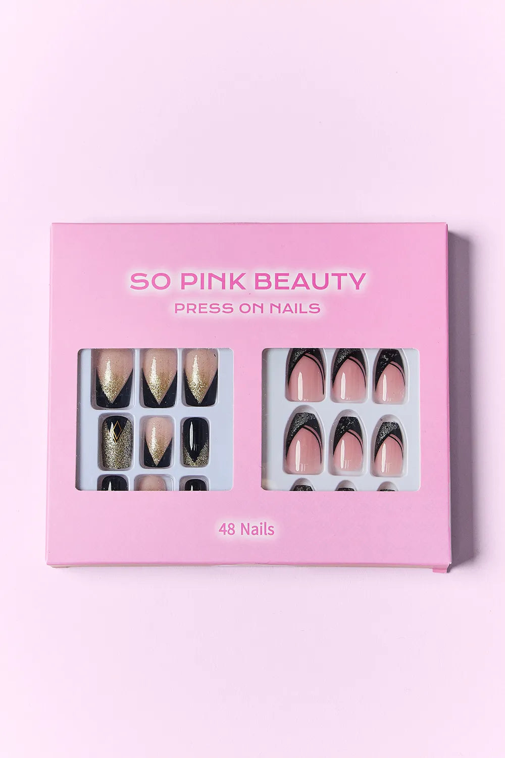 Set of two packs of SO PINK BEAUTY press-on nails by Trendsi, elegant pink nail designs on a clear background.