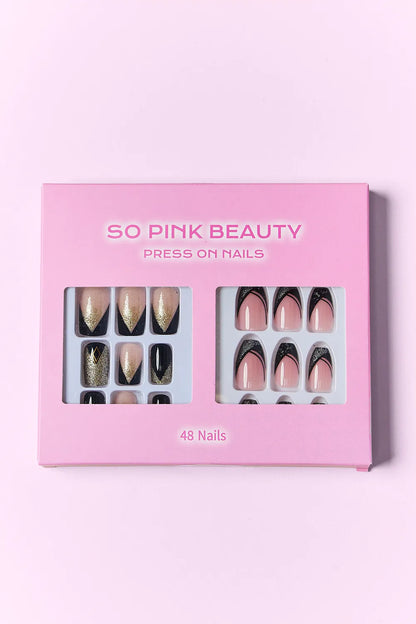 Set of two packs of SO PINK BEAUTY press-on nails by Trendsi, elegant pink nail designs on a clear background.