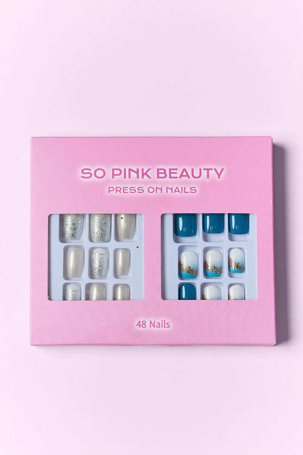 Two packs of Trendsi SO Pink Beauty press-on nails featuring elegant, natural-looking pink nail designs for easy at-home manicure.