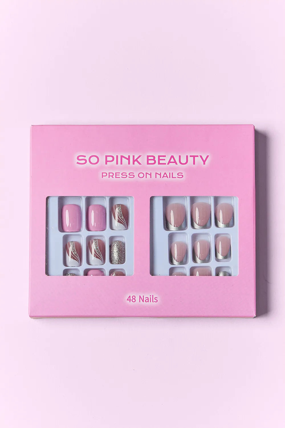Trendsi SO Pink Beauty Press On Nails in two packs, showing elegant pink nail designs on a natural hand model.