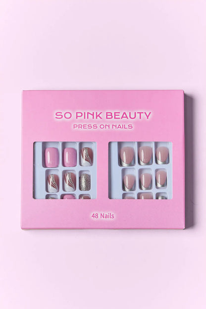Trendsi SO Pink Beauty Press On Nails in two packs, showing elegant pink nail designs on a natural hand model.