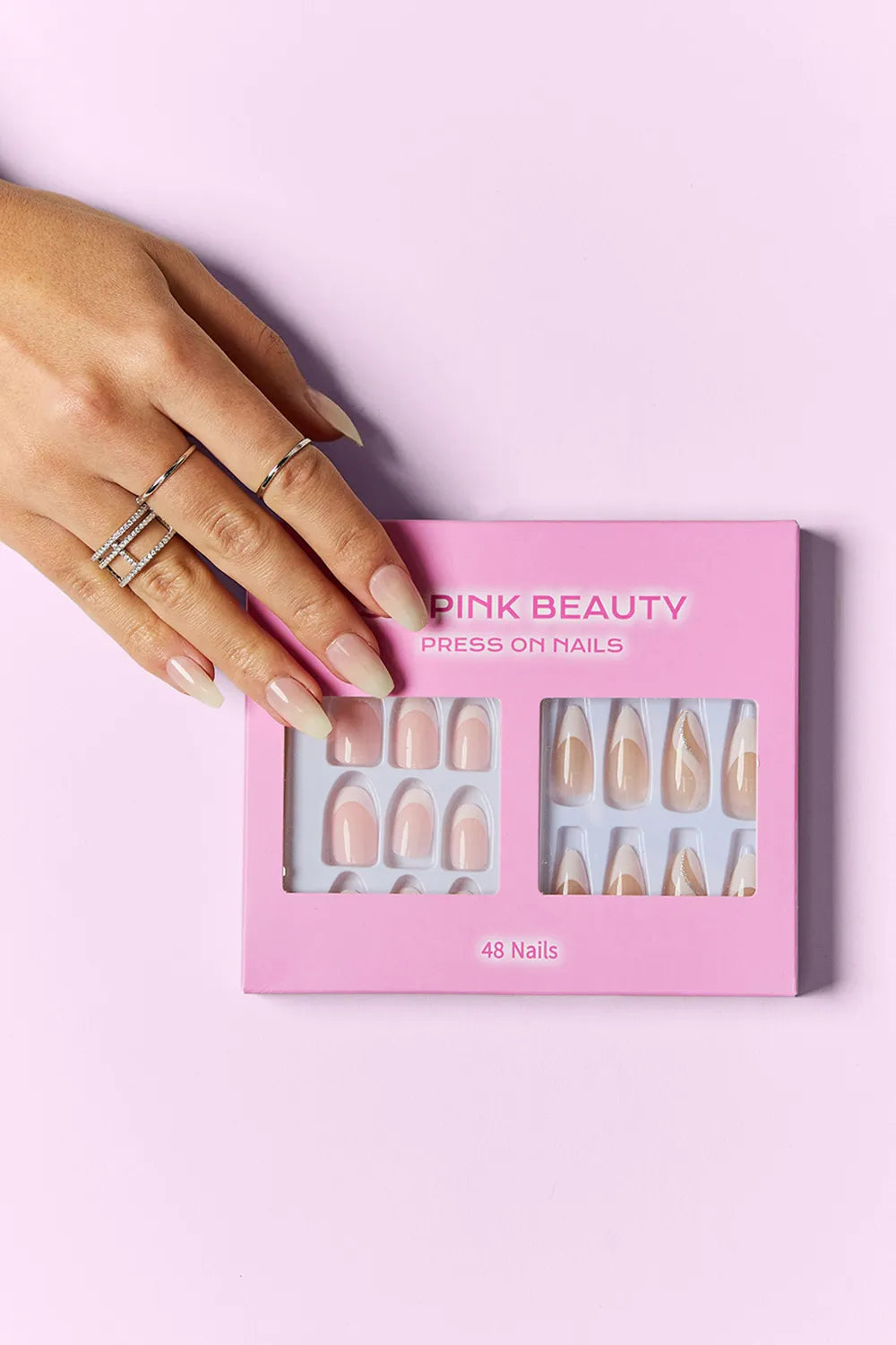 Two packs of Trendsi SO PINK BEAUTY press-on nails in elegant pink, showcasing a stylish, one-size design for easy wear.