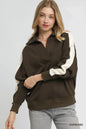 Light brown and cream color block Umgee polo sweatshirt by Trendsi, featuring a classic collar and relaxed fit.
