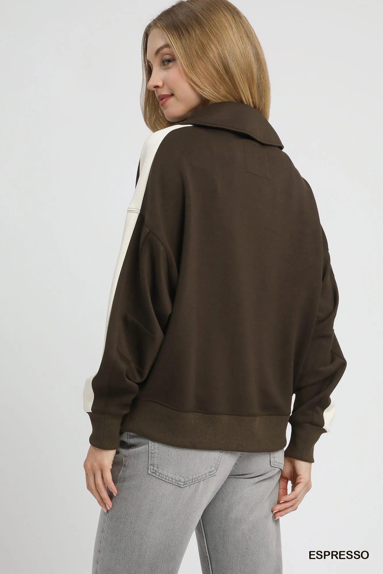 Light brown and beige color block polo sweatshirt by Umgee, featuring a casual fit and classic style.