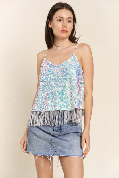 Flowy cami top by J.NNA with sequin tassel hem and lightweight fabric, perfect for stylish, casual wear.