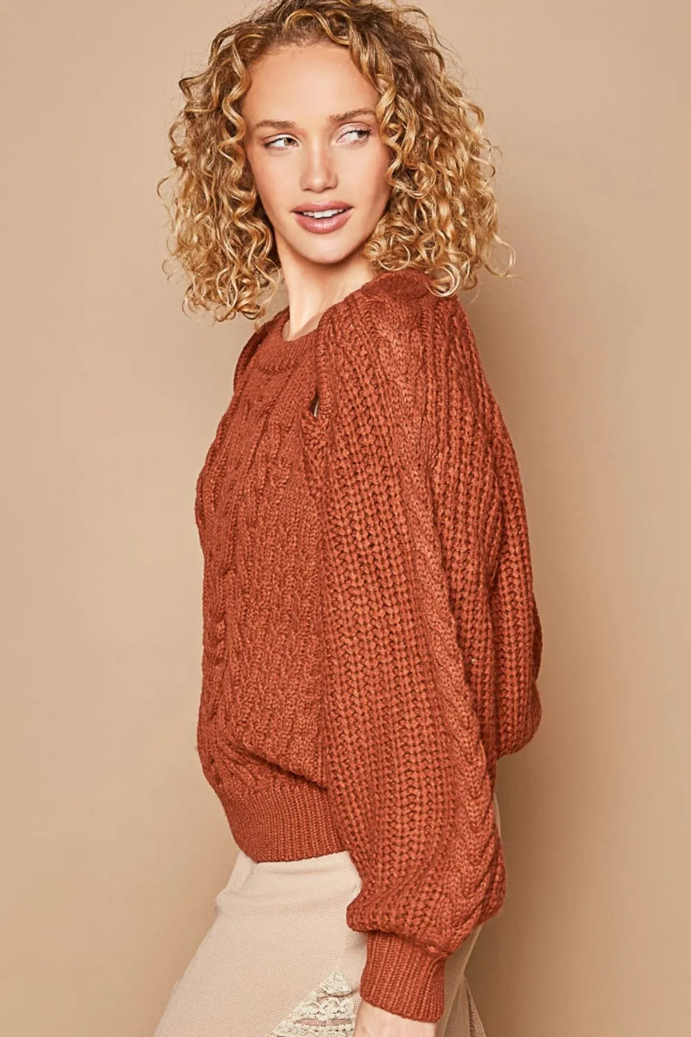 Trendsi fired brick cable knit long sleeve sweater with cutout details, cozy and stylish women's knitwear.