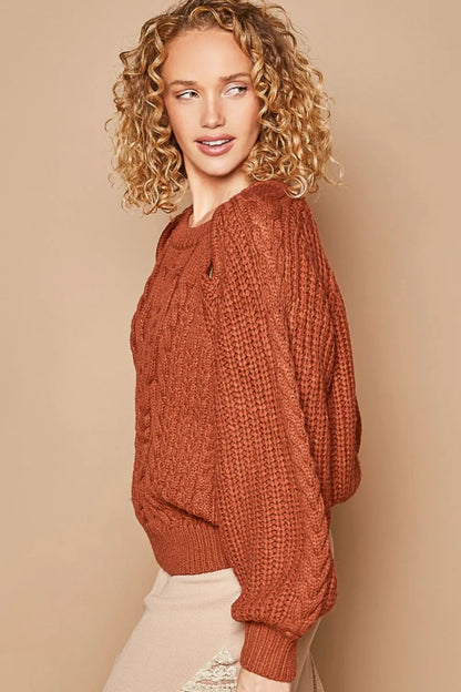 Trendsi fired brick cable knit long sleeve sweater with cutout details, cozy and stylish women's knitwear.