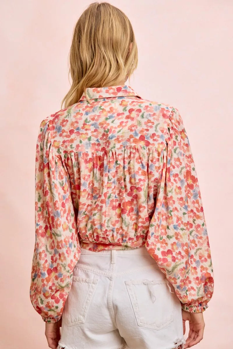 Trendi BiBi floral print tie hem crop shirt featuring long sleeves and a relaxed fit, perfect for casual summer wear.