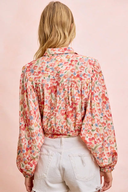 Trendi BiBi floral print tie hem crop shirt featuring long sleeves and a relaxed fit, perfect for casual summer wear.