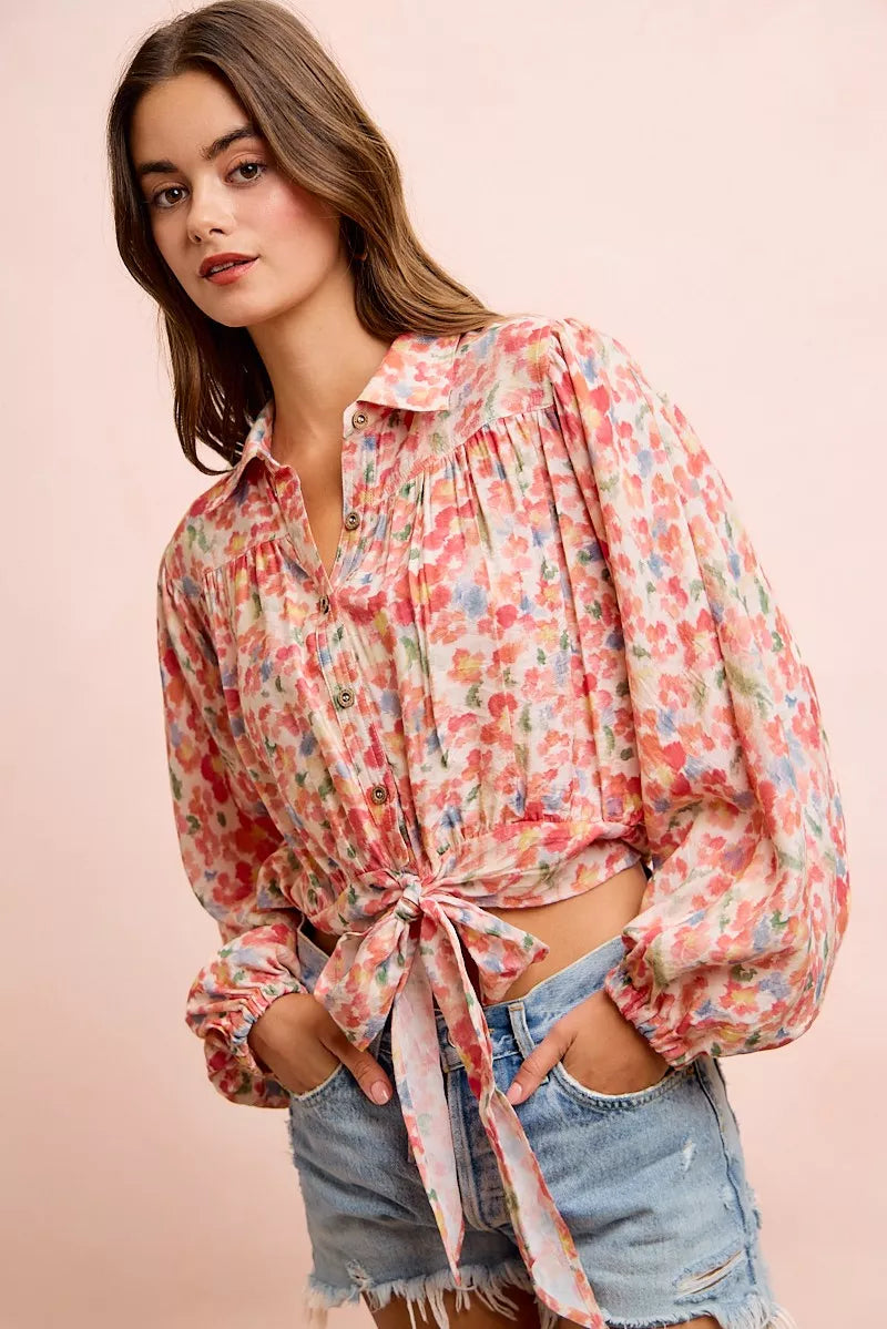 Trendsi BiBi floral print crop shirt with tie hem detail, short sleeves, and vibrant floral pattern.