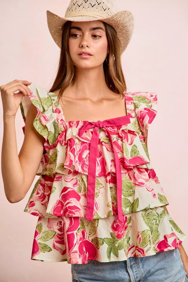 Trendi floral print woven bow tie ruffle square neck top, stylish women’s blouse with floral design and bow detail.