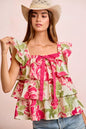 Trendi floral print woven bow tie ruffle square neck top, stylish women’s blouse with floral design and bow detail.