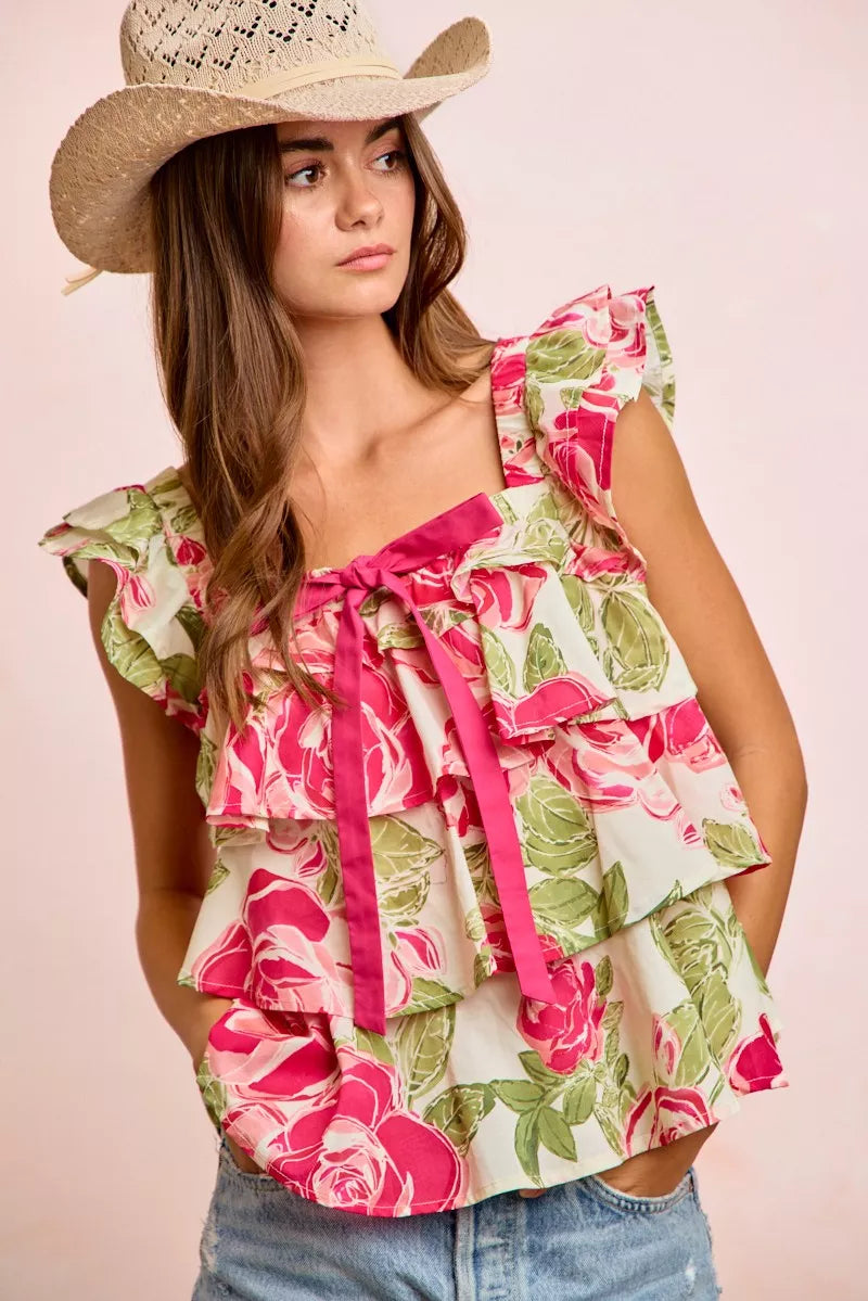 BiBi floral print woven top with bow tie detail, ruffle accents, and square neckline, styled by Trendsi.