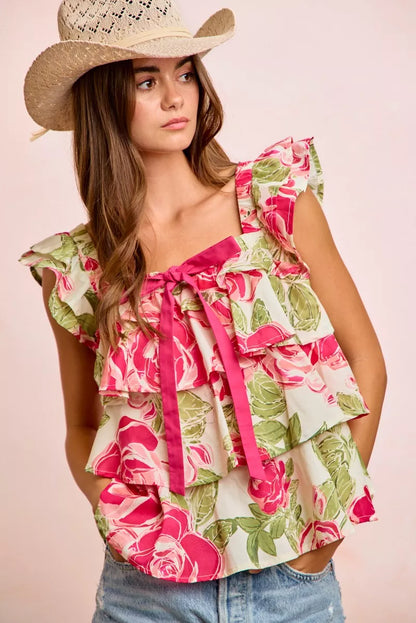 BiBi floral print woven top with bow tie detail, ruffle accents, and square neckline, styled by Trendsi.