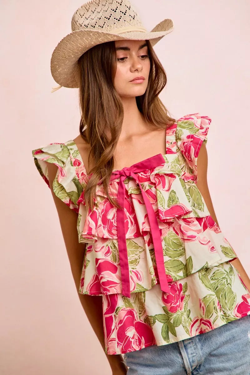 Trendsi BiBi floral print woven bow tie ruffle square neck top, featuring a colorful floral pattern and ruffle details.
