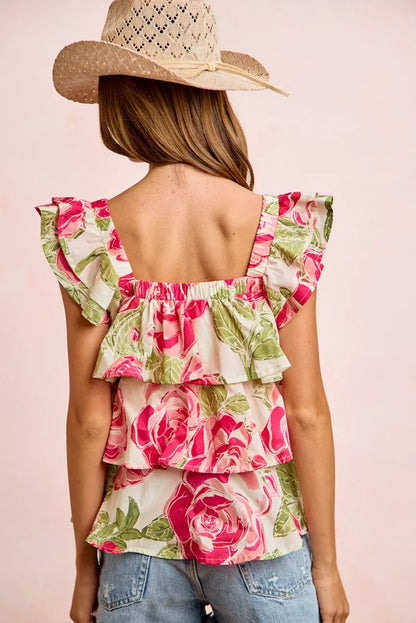 BiBi floral print woven bow tie ruffle square neck top by Trendsi, featuring a feminine floral pattern and stylish design.